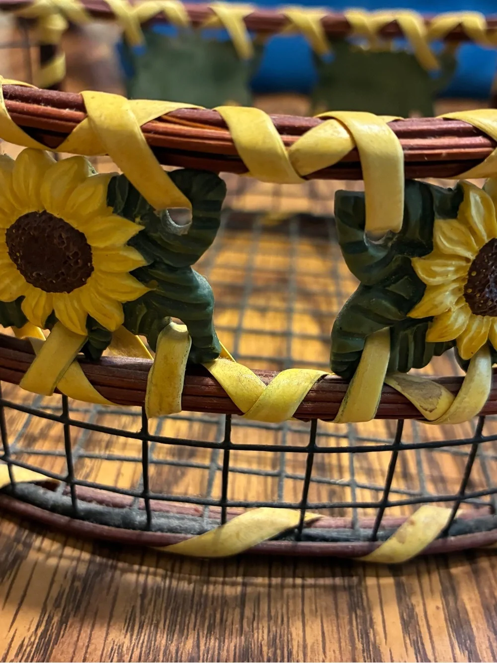 2 Sunflower Woven Decorative Baskets - Yellow & Brown